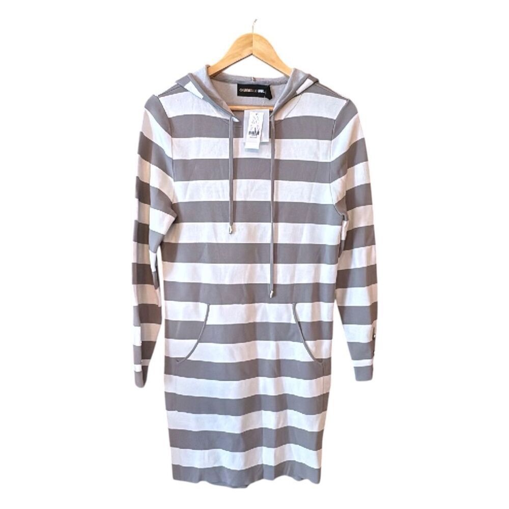 NY&CO X GABRIELLE UNION Gray White Stripe Hoodie Sweater Mini Dress *NEW*